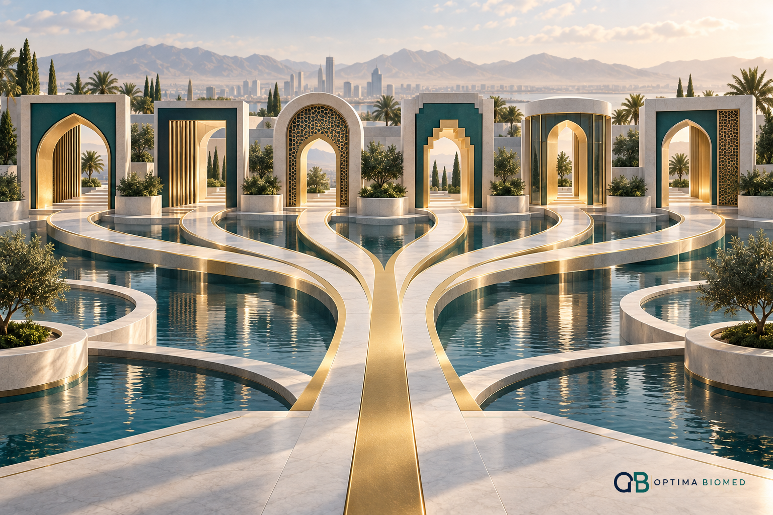 Conceptual GCC healthcare market-entry pathways showing a shared regional framework branching into distinct country strategies.