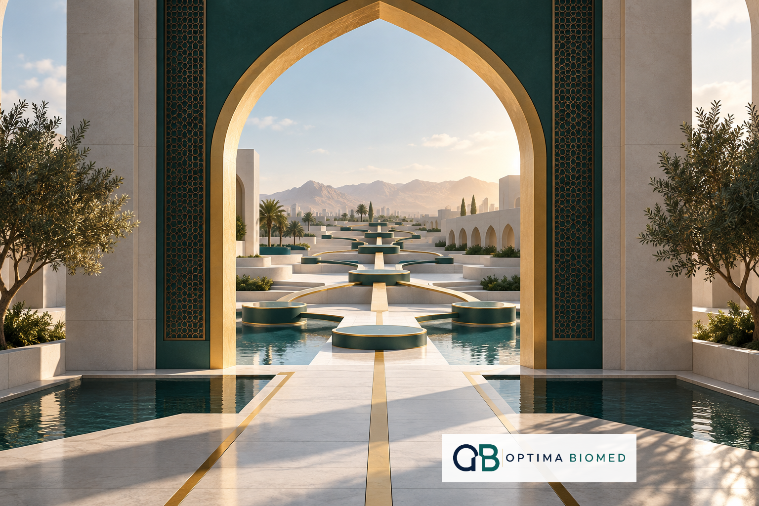 Conceptual architectural gateway and sequenced decision nodes representing Saudi healthcare market entry