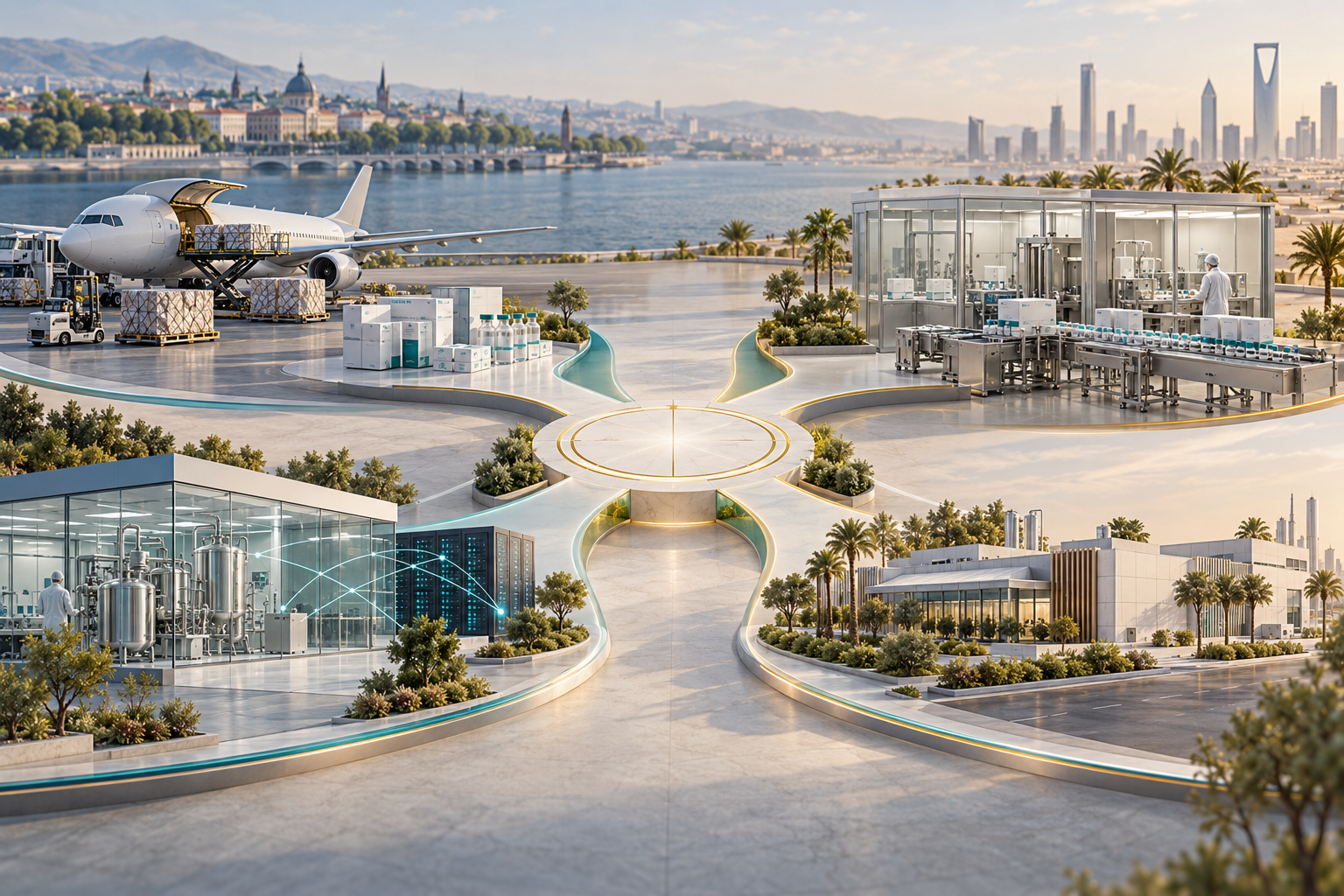 Multiple pharmaceutical operating pathways connecting European supply with Saudi market entry around a central capital-allocation decision.